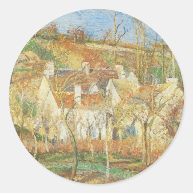 Rote Dächer, Dorfecke, Winter durch Pissarro Runder Aufkleber (Vorderseite)