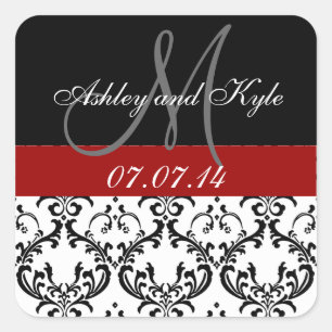 Rote Damask Monogram Save the Date Stickers