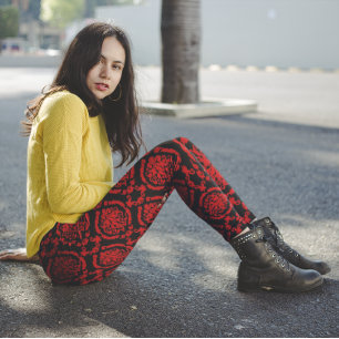 Rote Damaskus auf schwarz Leggings