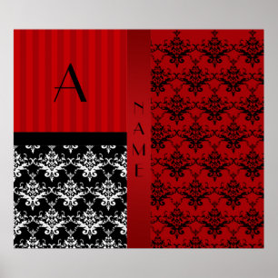 Rote Damaststreifen des Namens und des Monogramms Poster