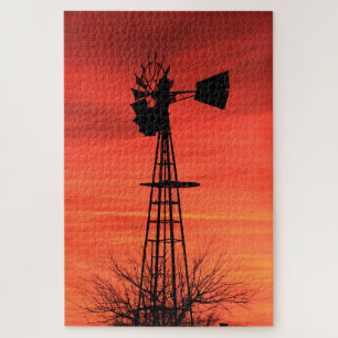 Rote Dämmerung Kansas Sonnenuntergang Windmühlen-S