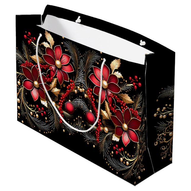 Rote dekorative Blume Weihnachtsgeschenktasche Große Geschenktüte (Rückseite Schrägansicht)
