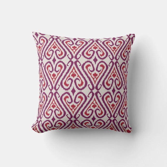 Rote des Chic bunte und lila ikat Damastmuster Kissen (Vorderseite)