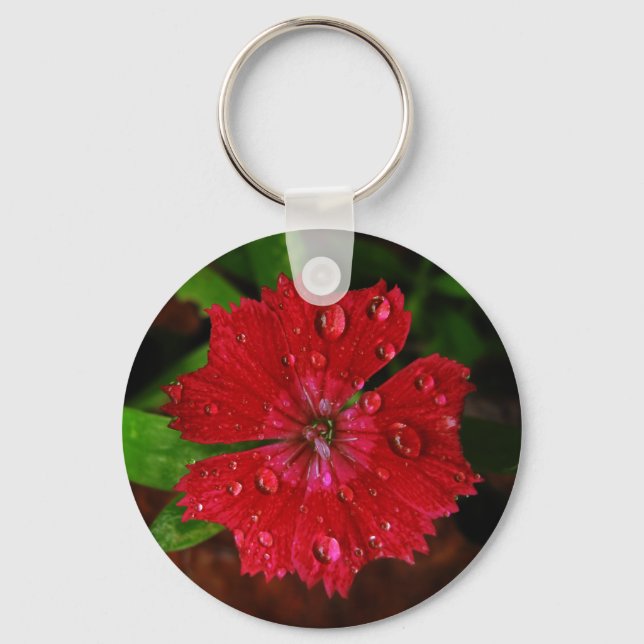 Rote Dianthus-Blume mit Raindrops-Foto Schlüsselanhänger (Vorderseite)