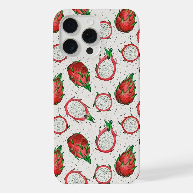 Rote Drachenfrucht auf Weiß iPhone 15 Pro Max Hülle (Rückseite)