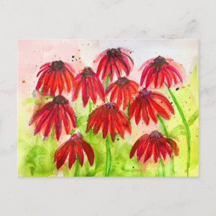 Rote Echinacea-Blüten Aquarell Botanische Kunst Feiertagspostkarte