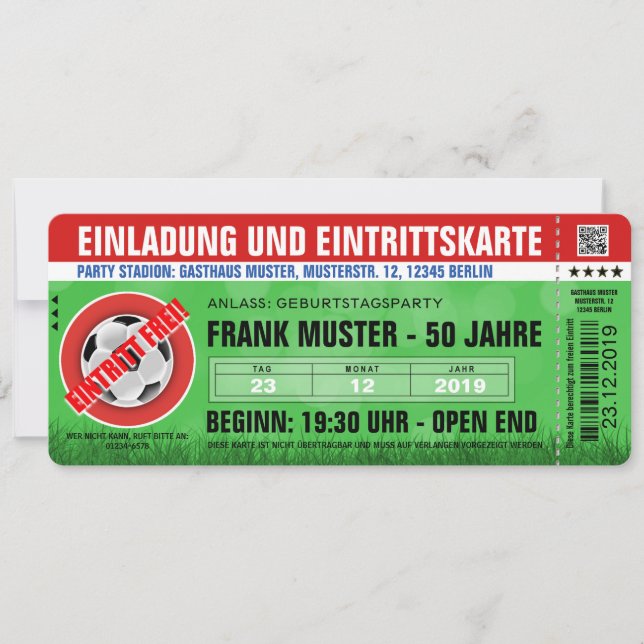 rote Einladung und Eintrittskarte (Fußball-Ticket) (Vorderseite)