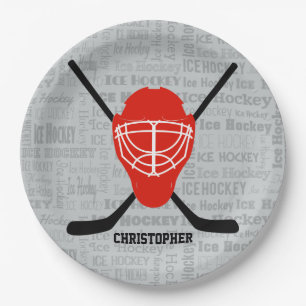 Rote Eis-Hockey-Sturzhelm-und Stock-Typografie Pappteller