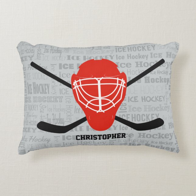 Rote Eis-Hockey-Sturzhelm-und Stock-Typografie Zierkissen (Vorderseite)