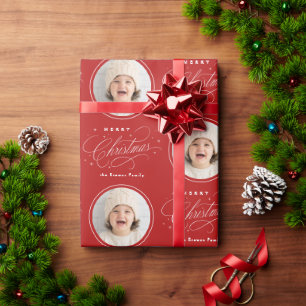 Rote elegante Kalligrafie Frohe Weihnachten Foto Geschenkpapier