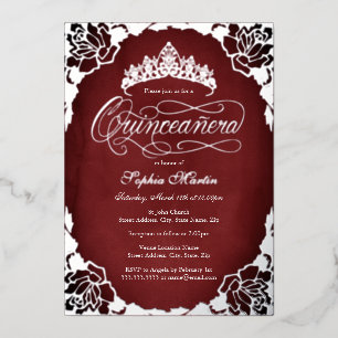 Rote elegante Schrift-Rosé Quinceanera Folieneinladung
