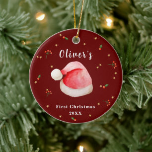 Rote elegante Weihnachtsmannmütze Baby's erstes We Keramik Ornament