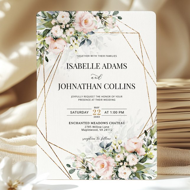 Röte Elfenbein Blumen Gold Geometrisch Hochzeit Einladung (Von Creator hochgeladen)