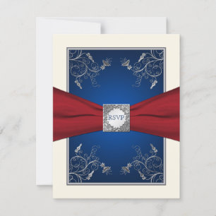 Rote, elfenbeinfarbene und blaue Blumen-RSVP-Karte RSVP Karte