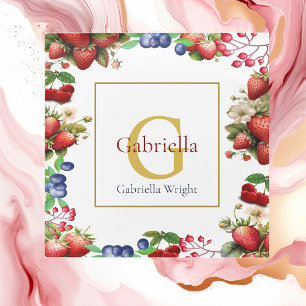 Rote Erdbeere Blaue Beere Moderne Gold-Monogramm  Glasuntersetzer