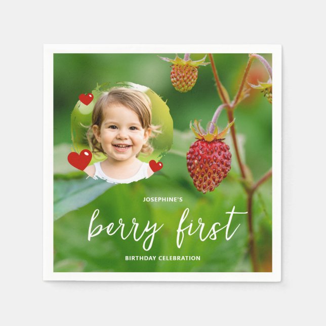 Rote Erdbeere & Kinderfoto Beeren Erster Geburtsta Serviette (Vorderseite)
