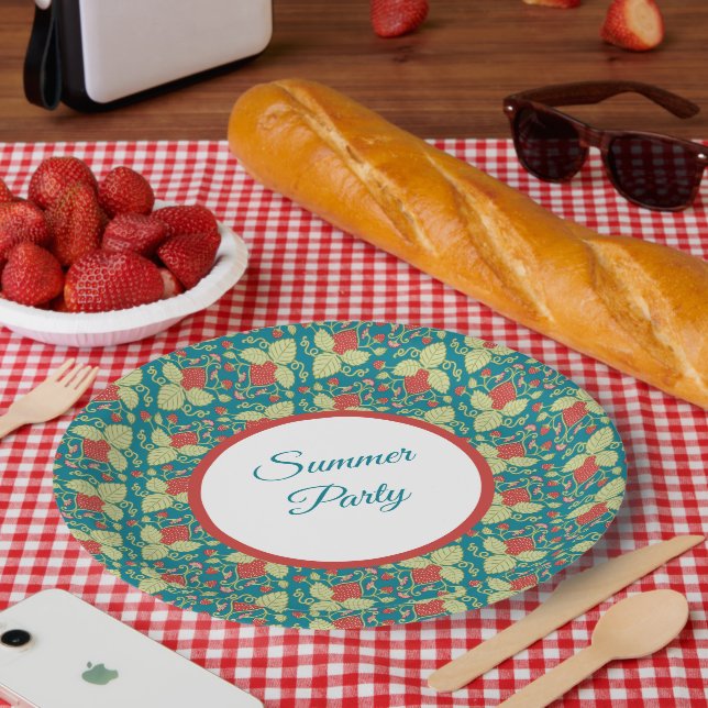 Rote Erdbeere & rosa Blume & Reben Pappteller (Picknick)