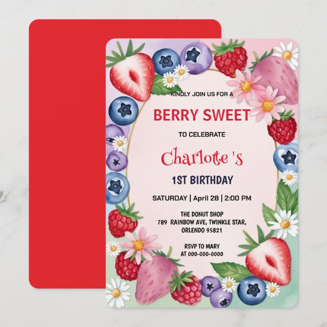 Rote Erdbeeren 1. Geburtstag Party für Kinder Einladung (Vorne/Hinten)