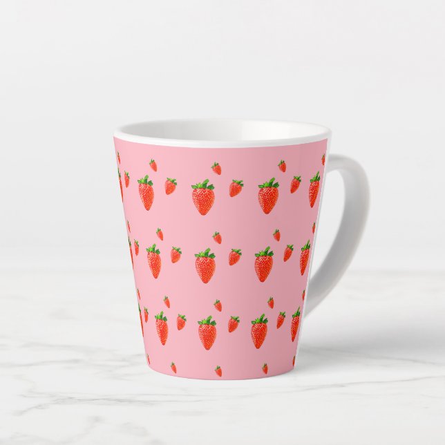 Rote Erdbeeren auf rosafarbenem Hintergrund Milchtasse (Rechte Ecke)