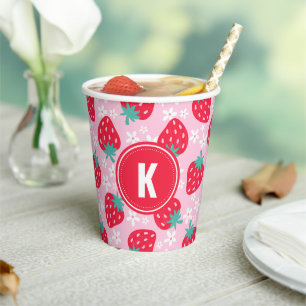 Rote Erdbeeren Blumenmuster Monogramm Pappbecher