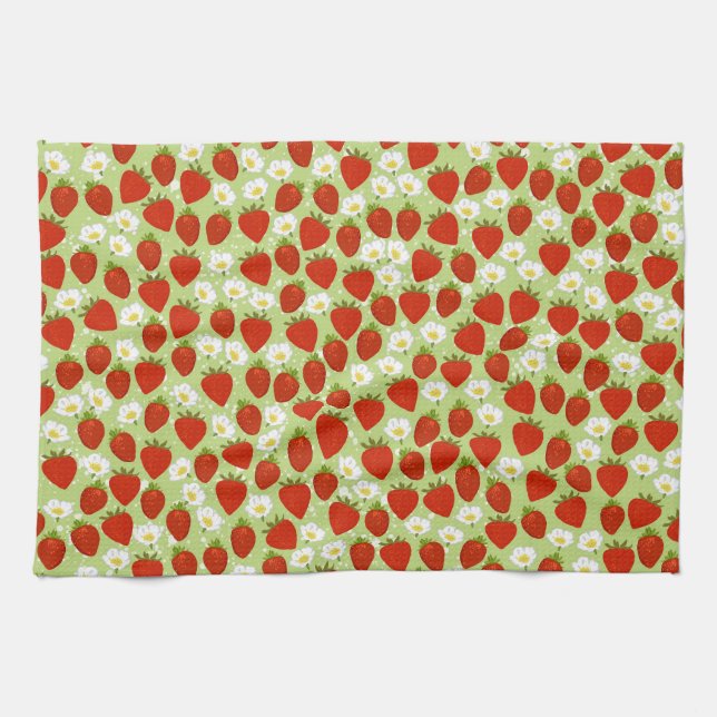 Rote Erdbeeren und Blume mit grünem Teetuch Geschirrtuch (Horizontal)