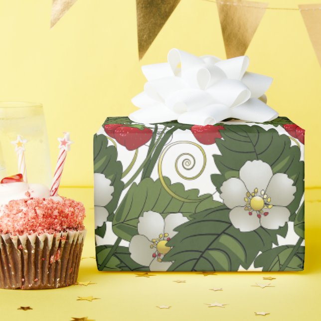 Rote Erdbeeren und Grüne Blätter Geschenkpapier (Geburtstagsparty)