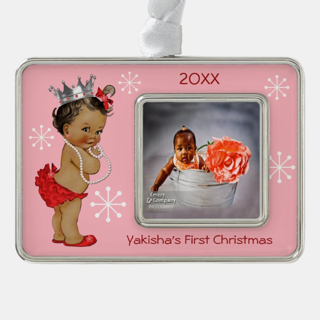 Rote ethnische Prinzessin Baby First Christmas Rahmen-Ornament Silber (Vorderseite)