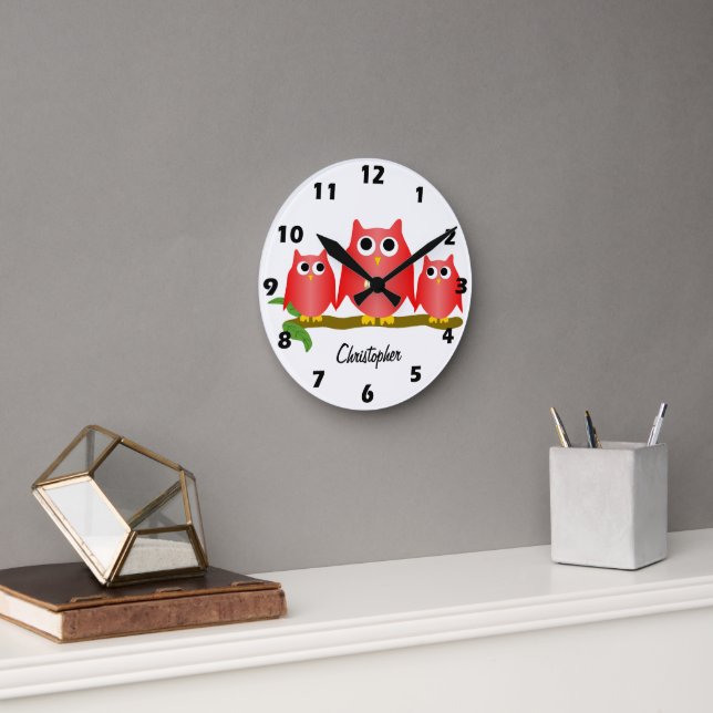Rote Eulen Design Personalisiert Runde Wanduhr (Büro)