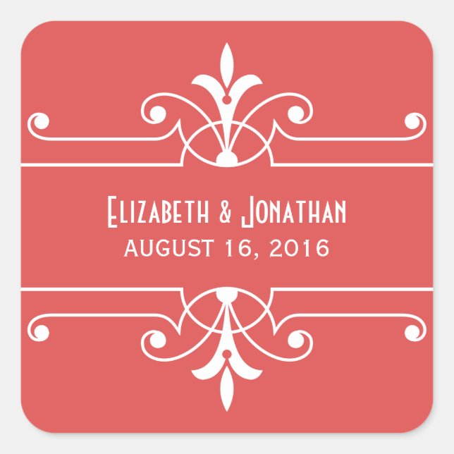 Rote Extravagante Ornamentale Hochzeitsticker Quadratischer Aufkleber (Vorderseite)