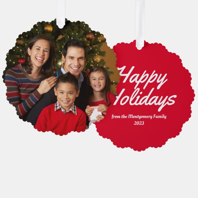 Rote Familie Foto Happy Holidays Ornament Karte (Vorderseite/Rückseite)