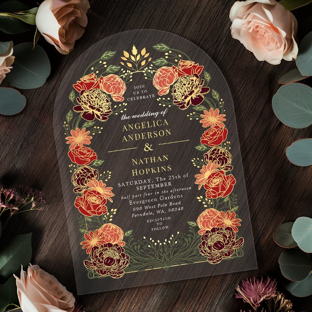 Rote Fantasie Verzauberter Blumengarten Hochzeitsa Acryleinladungen (Von Creator hochgeladen)