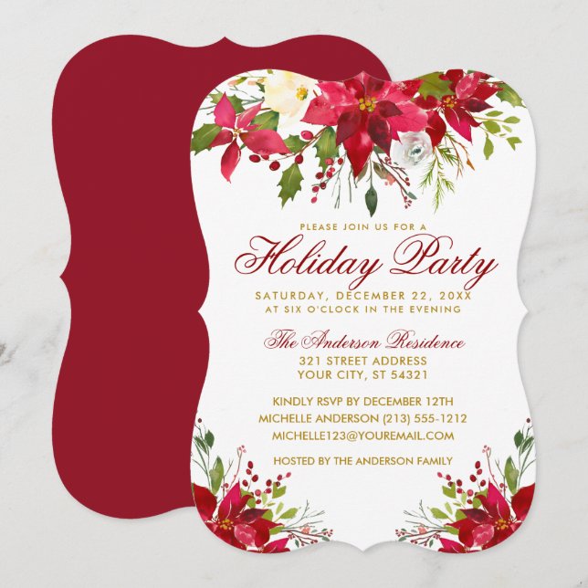 Rote Farbe der Flora Holiday Party Poinsettia Einladung (Vorne/Hinten)