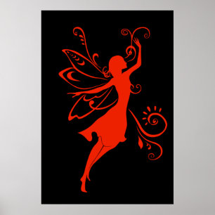 Rote Fee Silhouette Elegante Geflügelte Fantasie Poster