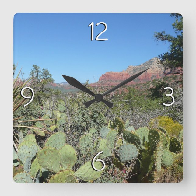 Rote Felsen und Kakteen I Quadratische Wanduhr (Vorderseite)