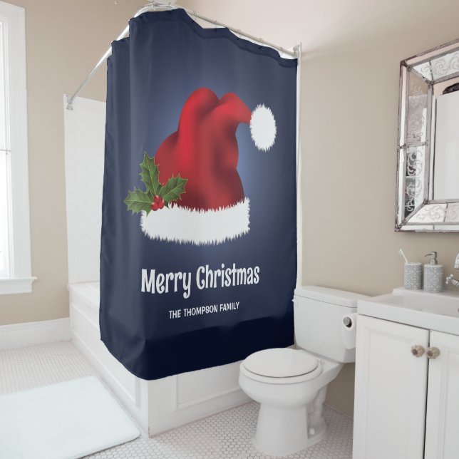 Rote festliche Weihnachtsmannmütze auf Blau mit be Duschvorhang (Beispiel)
