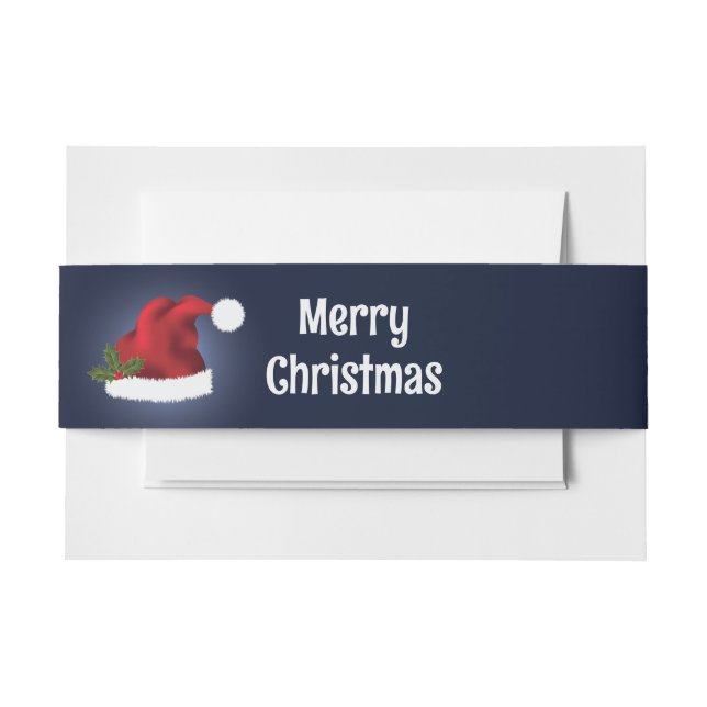 Rote festliche Weihnachtsmannmütze auf Blau mit be Einladungsbanderole (Vorderseite Beispiel)