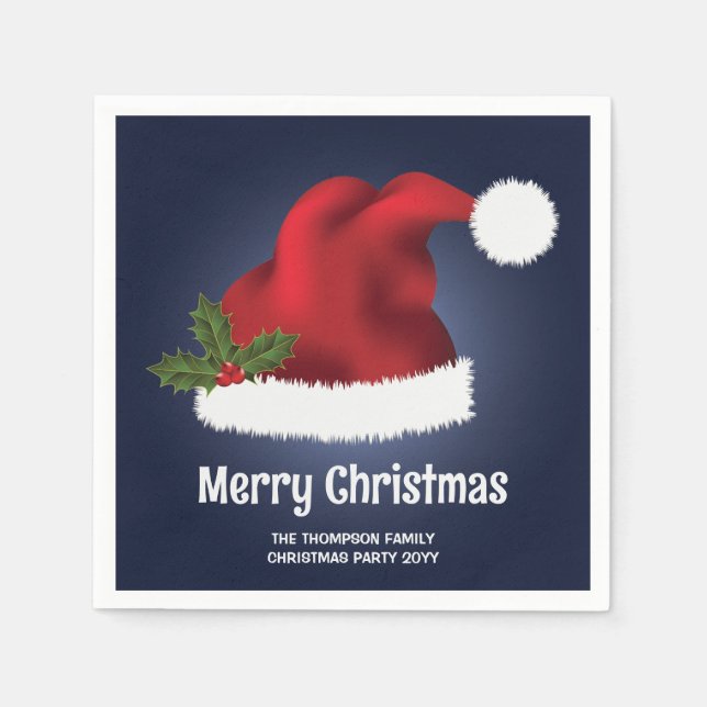 Rote festliche Weihnachtsmannmütze auf Blau mit be Serviette (Vorderseite)