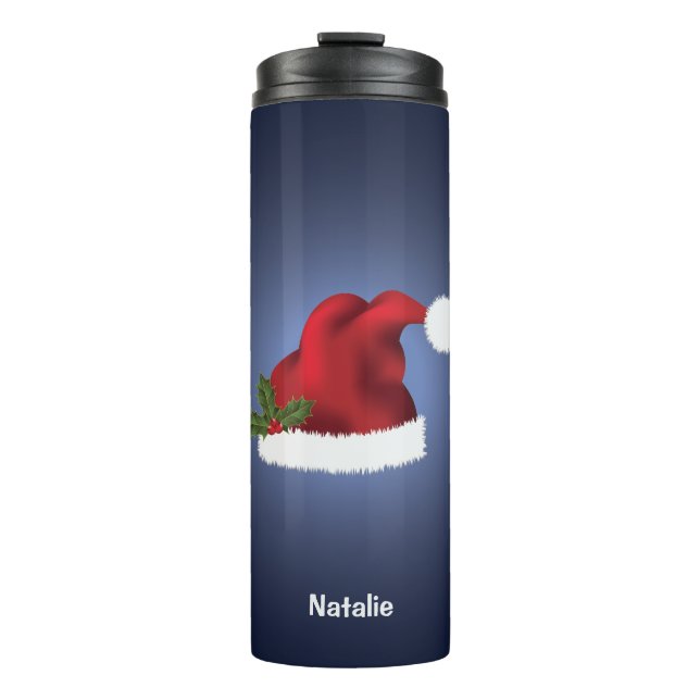 Rote festliche Weihnachtsmannmütze auf blau mit In Thermosbecher (Vorderseite)