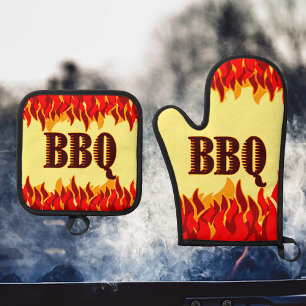 Rote Flammen Grillfest BBQ-Spruch Ofenhandschuh & Topflappen-Set