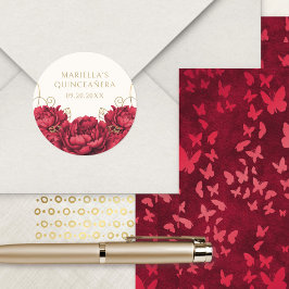 Rote Flora Elegant Quinceanera Runder Aufkleber