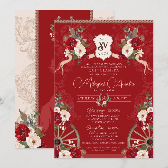 Rote Flora Elegante Baroque Charra Quinceañera Einladung (Vorne/Hinten)