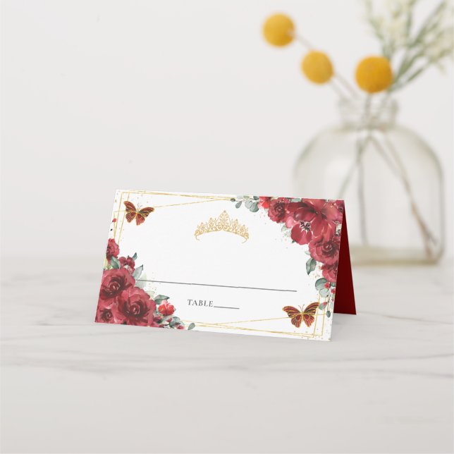 Rote Flora Schmetterlinge Quinceañera 16. Geburtst Platzkarte (Vorderseite)