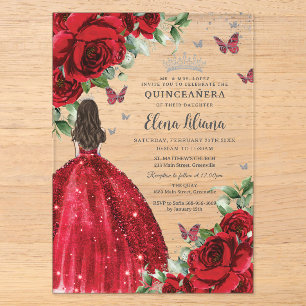 Rote Flora Silberschmetterlinge Quinceañera Süß 16 Acryleinladungen