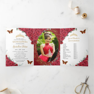 Rote Floral Gold Schmetterlinge Quinceañera 15 Fot Dreifach Gefaltete Einladung
