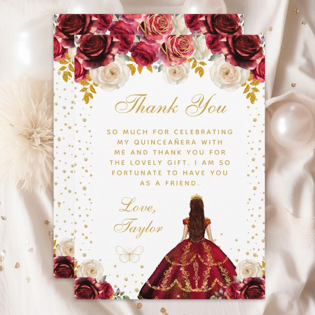 Rote Floral Princess Quinceañera Dankeskarte (Von Creator hochgeladen)