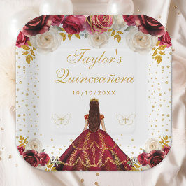 Rote Floral Princess Quinceañera Pappteller