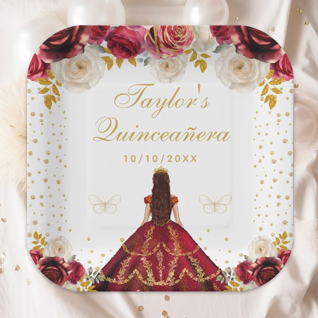 Rote Floral Princess Quinceañera Pappteller (Von Creator hochgeladen)