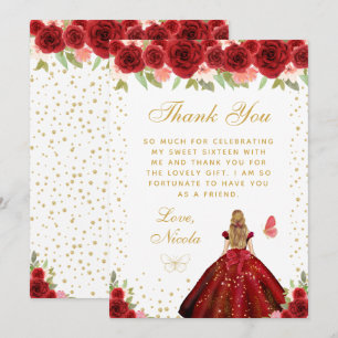 Rote Florale Blondhaarige Prinzessin Sweet Sixteen Dankeskarte