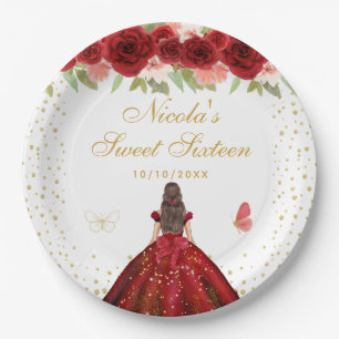 Rote Florale Braut mit dunklen Haaren Prinzessin S Pappteller