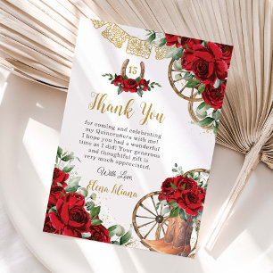 Rote Florale Charro-Stiefel Quinceañera Dankeskart Einladung